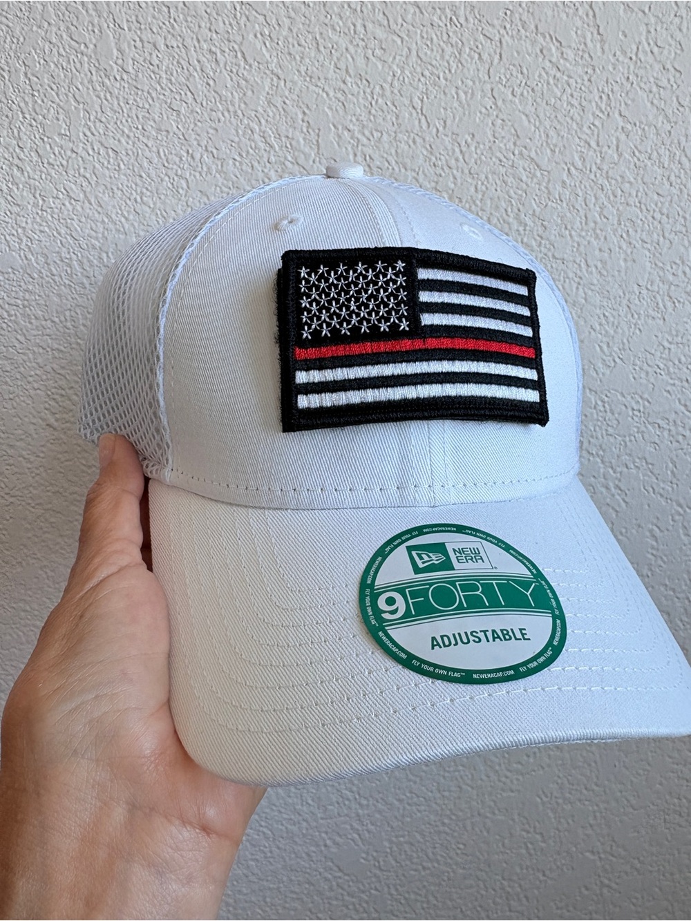 White SnapBack Hat with Thin Red Line Flag Velcro Patch